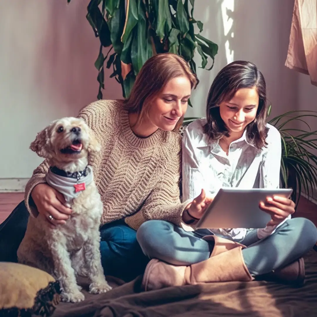 Dos personas utilizando una tableta electrónica desde el hogar para consultar información y gestionar servicios digitales, acompañadas por un perro en un entorno familiar.