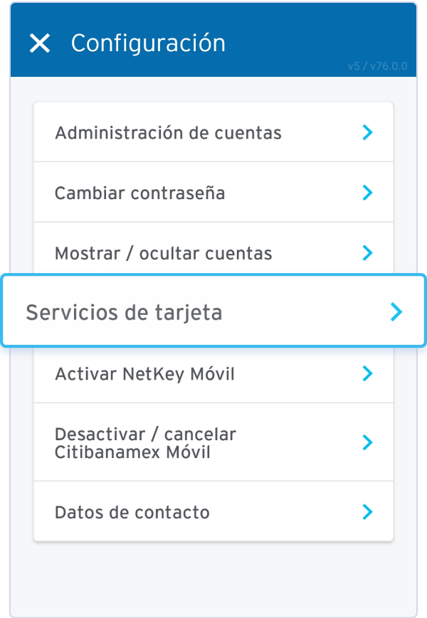 Posteriormente, da clic en la opción Servicios de tarjeta