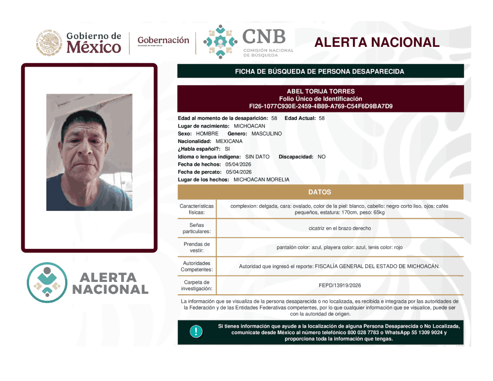 Persona desaparecida Abelto Rija Torres 