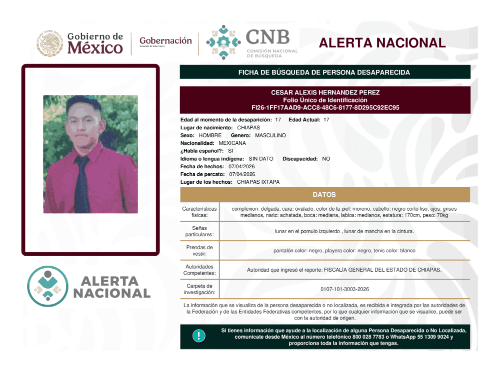 Persona desaparecida Cesar Alexis Hernandez Perez 