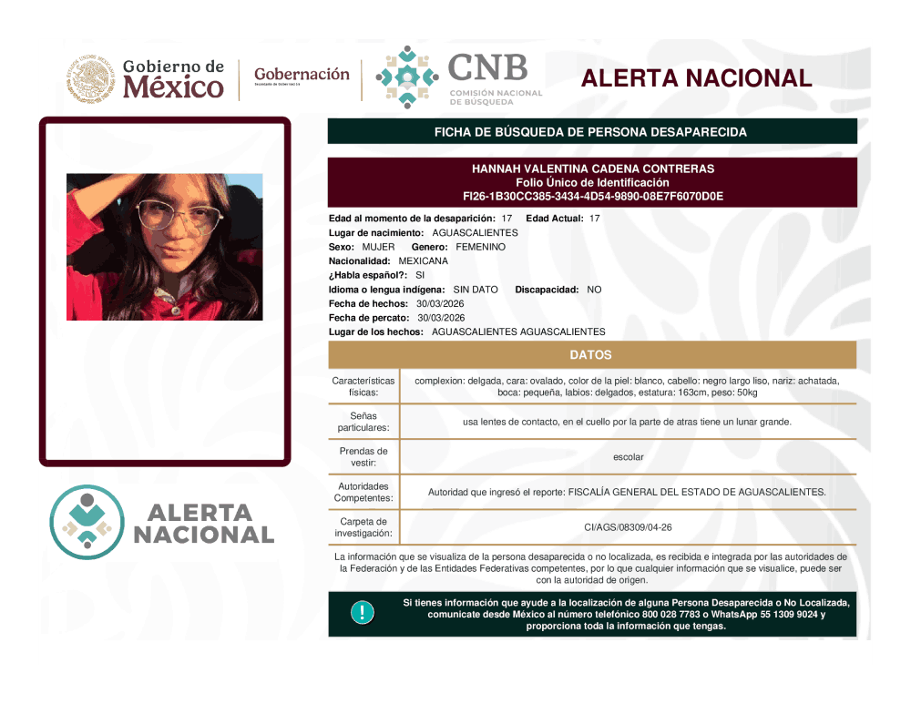 Persona desaparecida Hannah Valentina Cadena Contreras