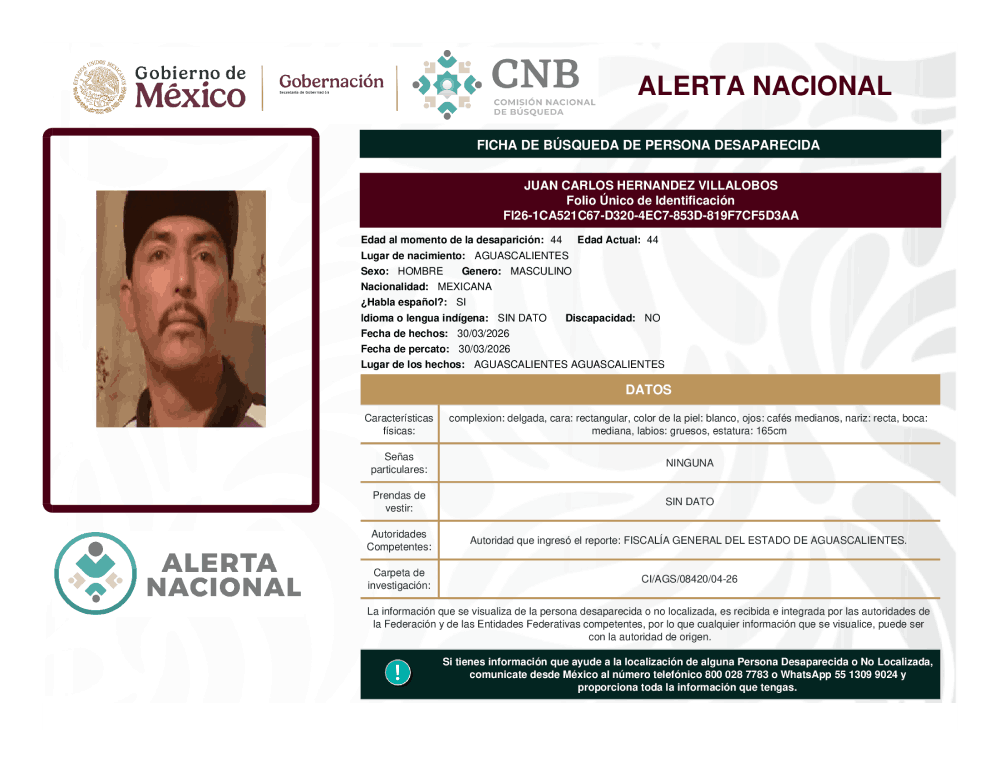 Persona desaparecida Juan Carlos Hernandez Villalobos 