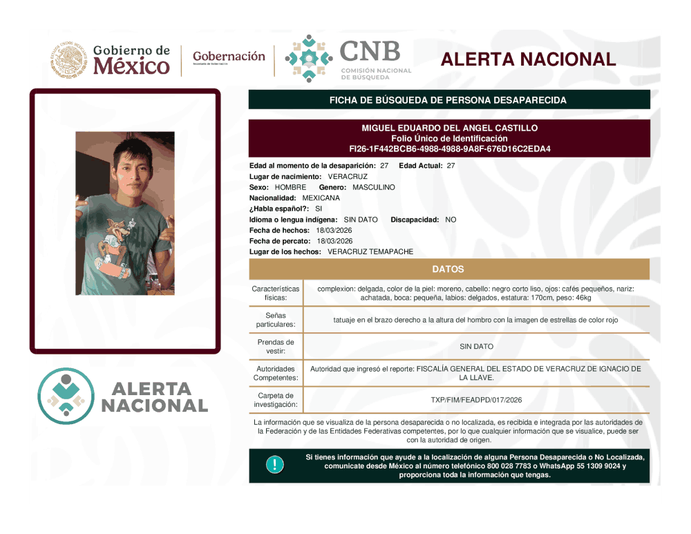 Persona desaparecida Miguel Eduardo Del Angel Castillo 
