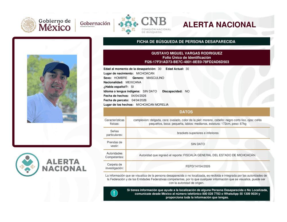 Persona desaparecida Gustavo Miguel Vargas Rodríguez