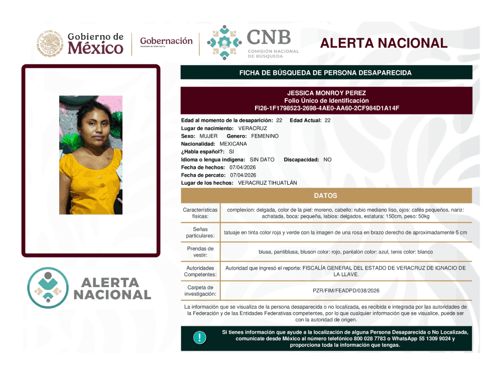 Persona desaparecida Jessica Monroy Pérez