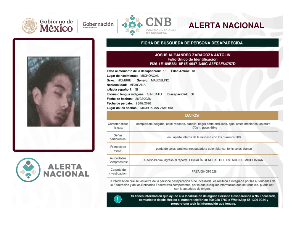 Persona desaparecida Josue Alejandro Zaragoza Antolin
