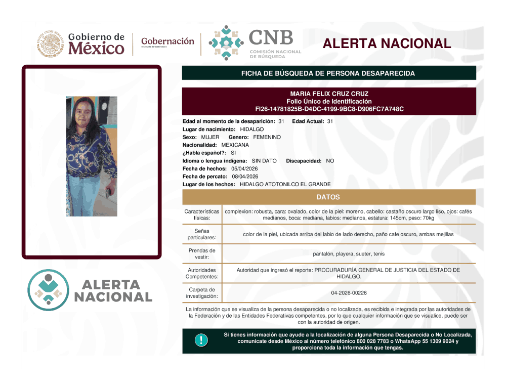 Persona desaparecida Maria Felix Cruz Cruz 