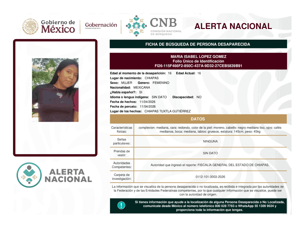Persona desaparecida María Isabel López Gómez