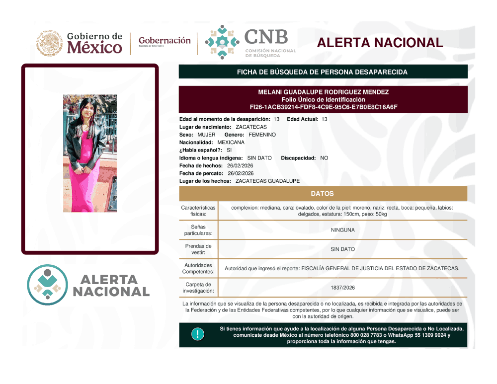 Persona desaparecida Melani Guadalupe Rodriguez Mendez
