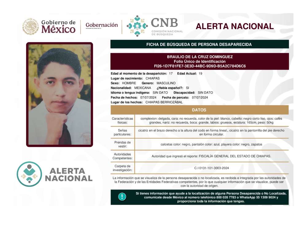 Persona desaparecida Braulio De La Cruz Dominguez