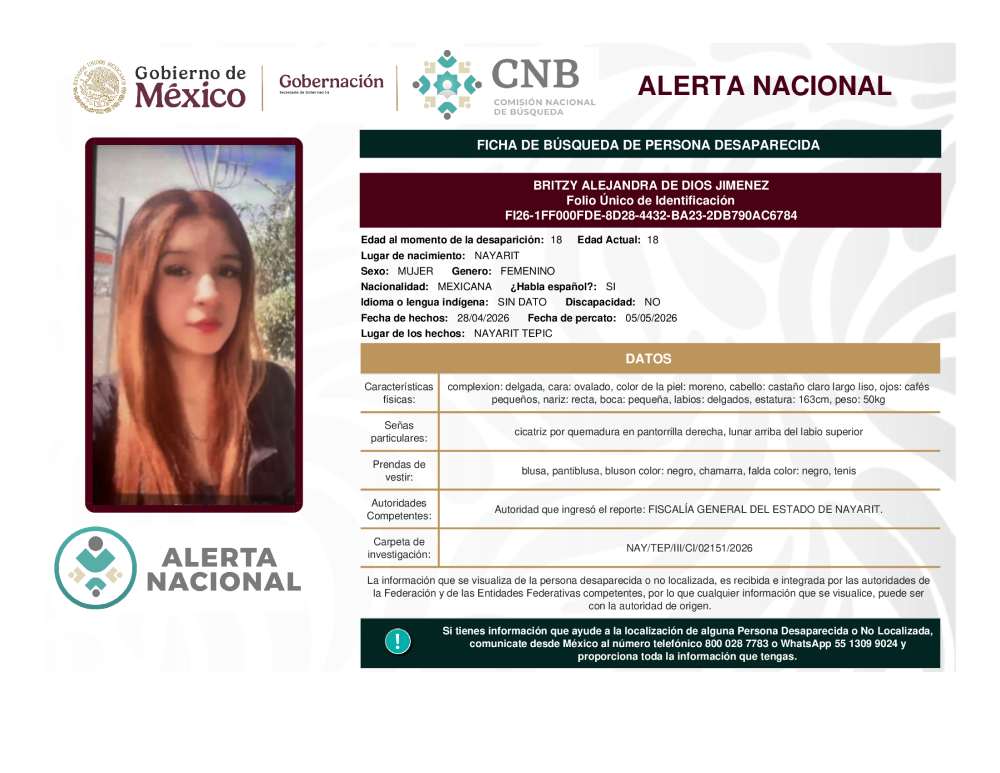 Persona desaparecida Britzy Alejandra De Dios Jimenez