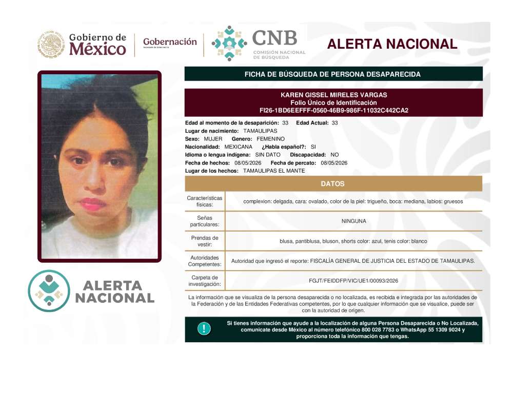 Persona desaparecida Karen Gissel Mireles Vargas