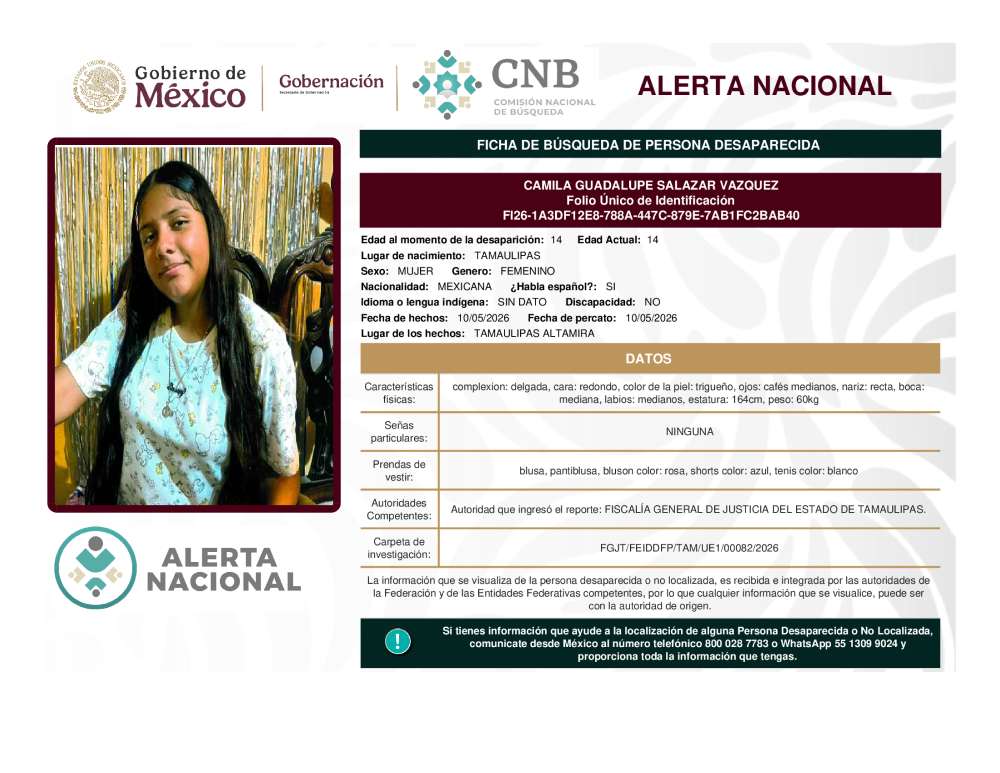 Persona desaparecida Camila Guadalupe Salazar Vazquez