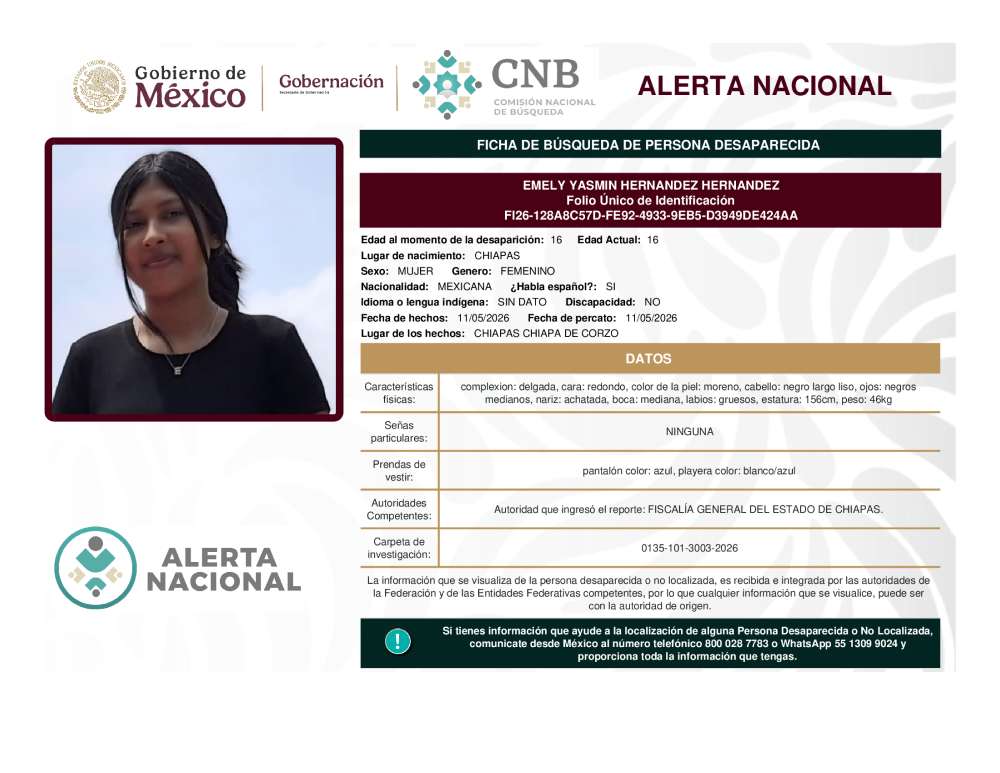 Persona desaparecida Emely Yasmin Hernandez Hernandez