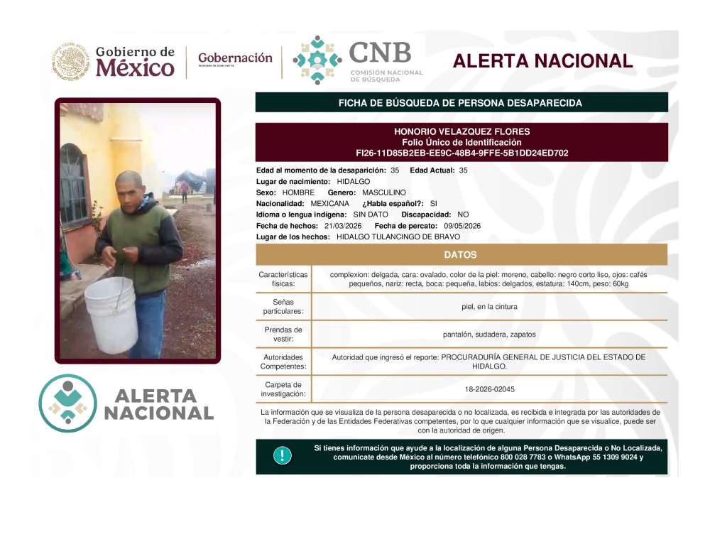 Persona desaparecida Honorio Velazquez Flores