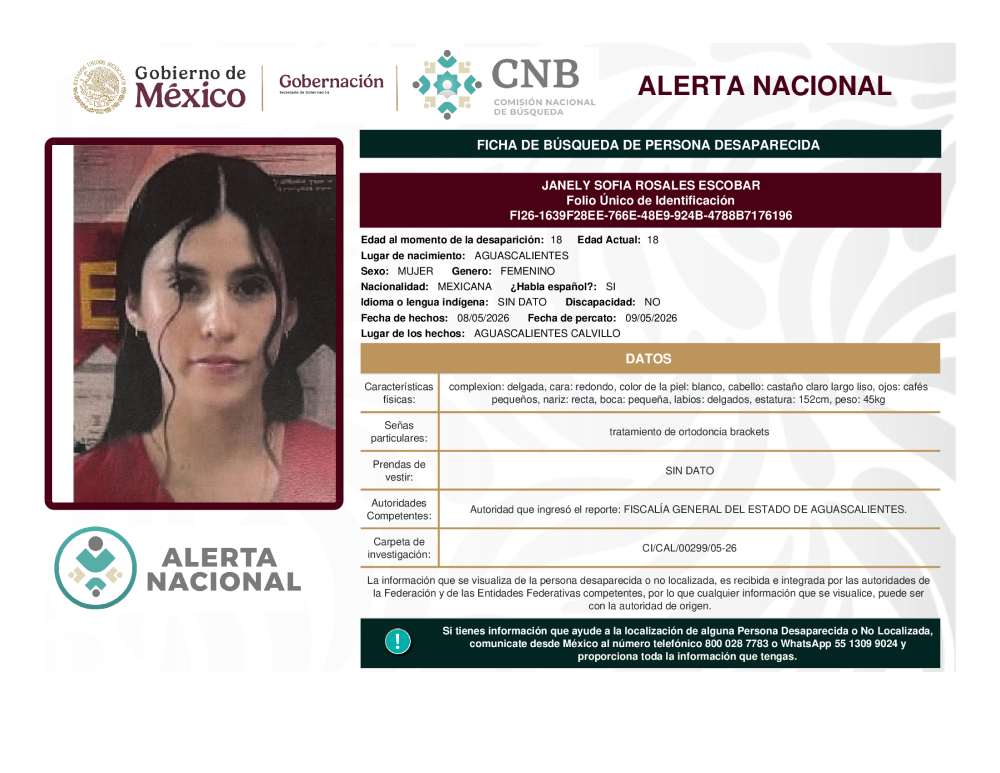 Persona desaparecida Janely Sofia Rosales Escobar