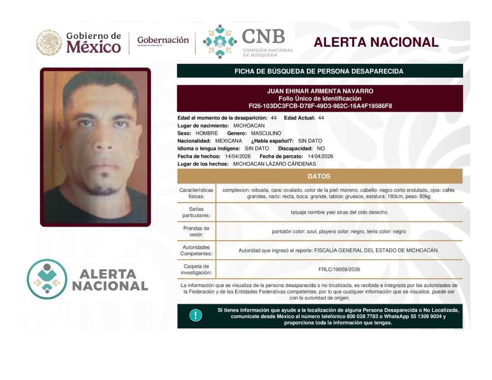 Persona desaparecida Juan Ehinar Armenta Navarro