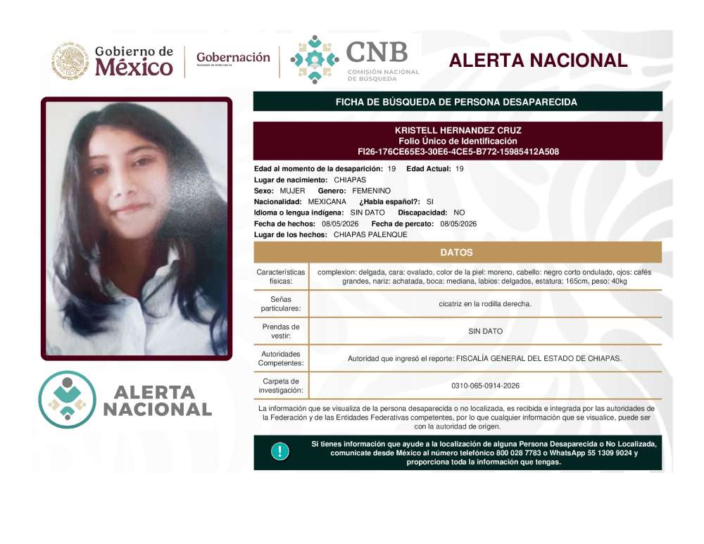 Persona desaparecida Kristell Hernandez Cruz