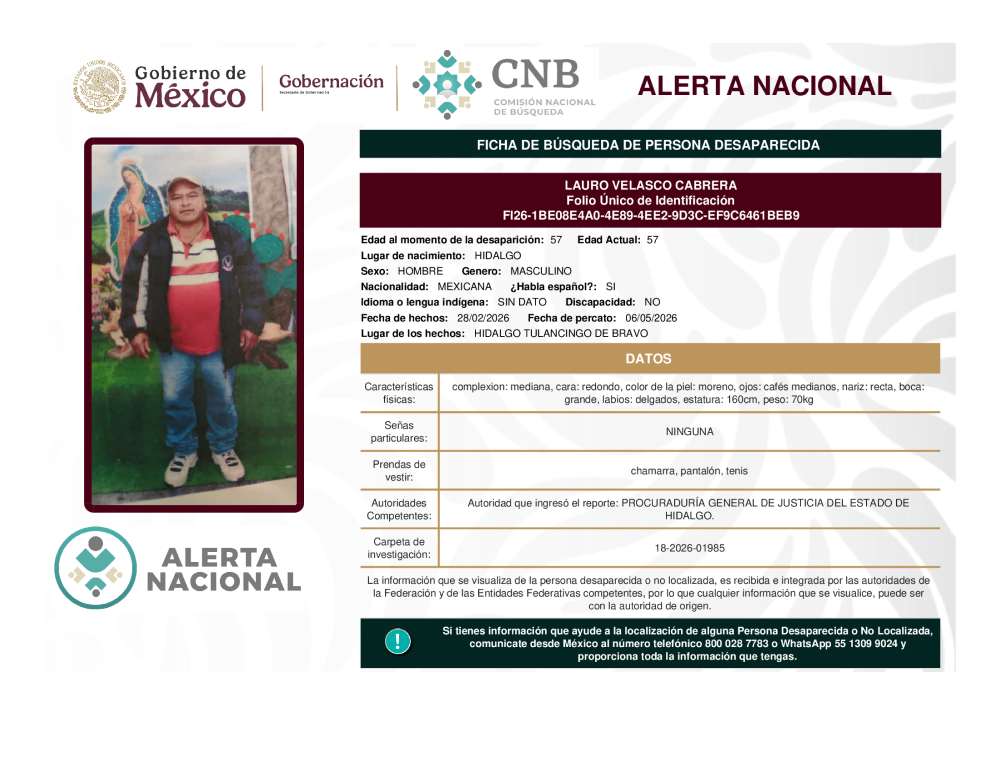 Persona desaparecida Lauro Velasco Cabrera