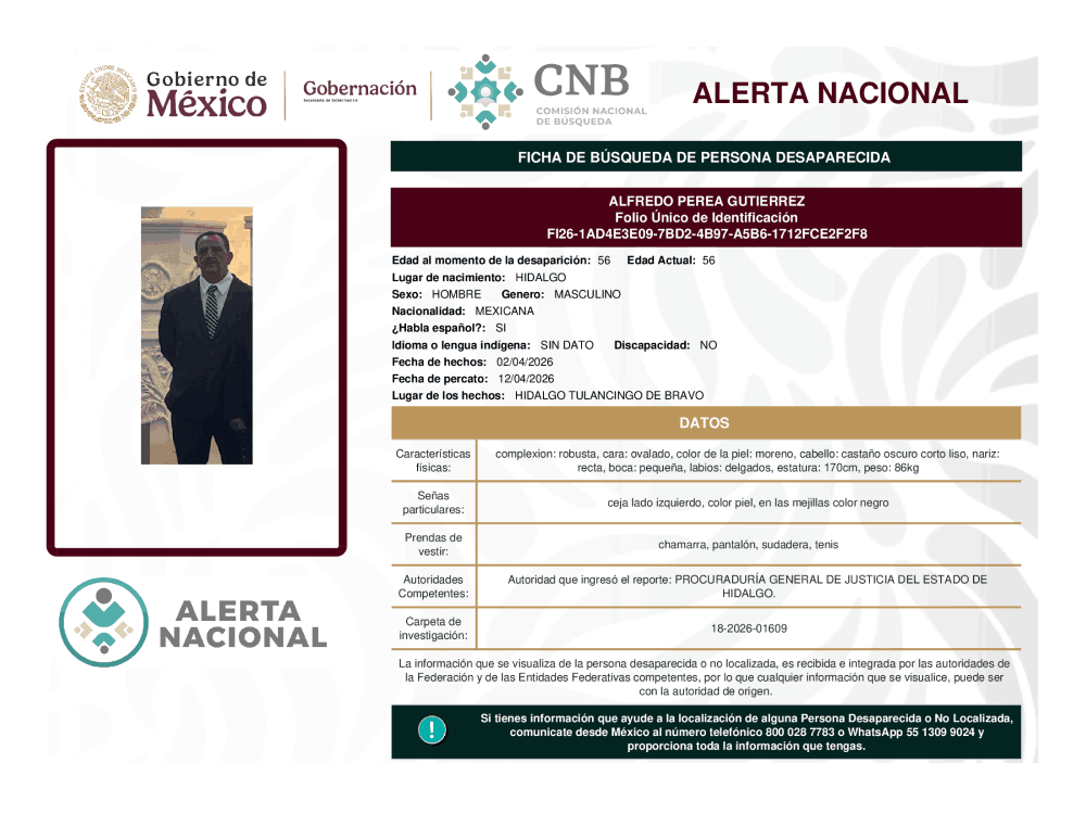 Persona desaparecida Alfredo Perea Gutiérrez