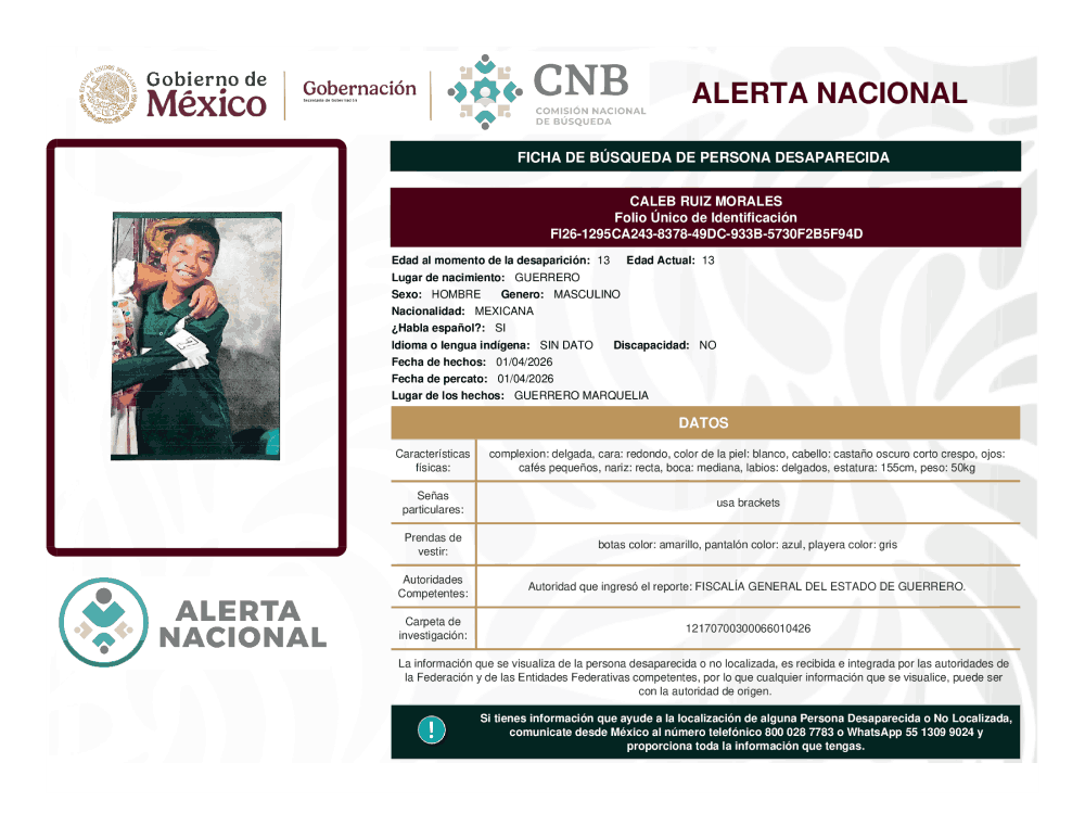 Persona desaparecida Caleb Ruiz Morales