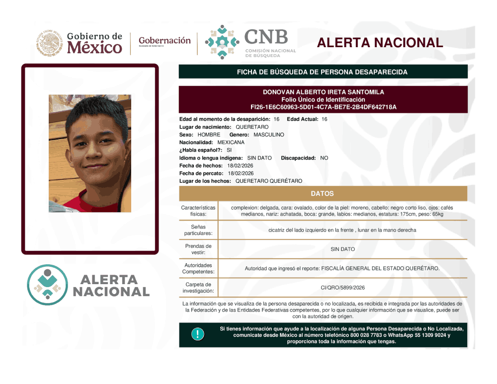 Persona desaparecida Donovan Alberto Ireta Santomila