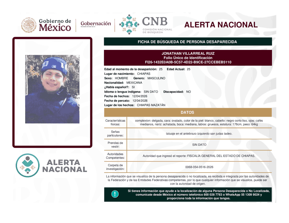 Persona desaparecida Jonathan Villarreal Ruiz