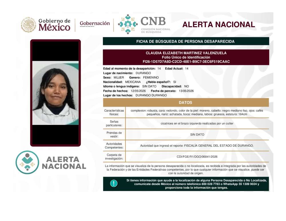 Persona desaparecida Claudia Elizabeth Martinez Valenzuela