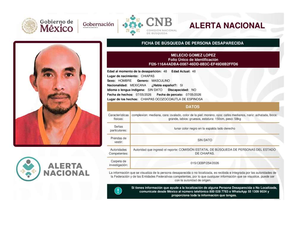 Persona desaparecida Melecio Gomez Lopez
