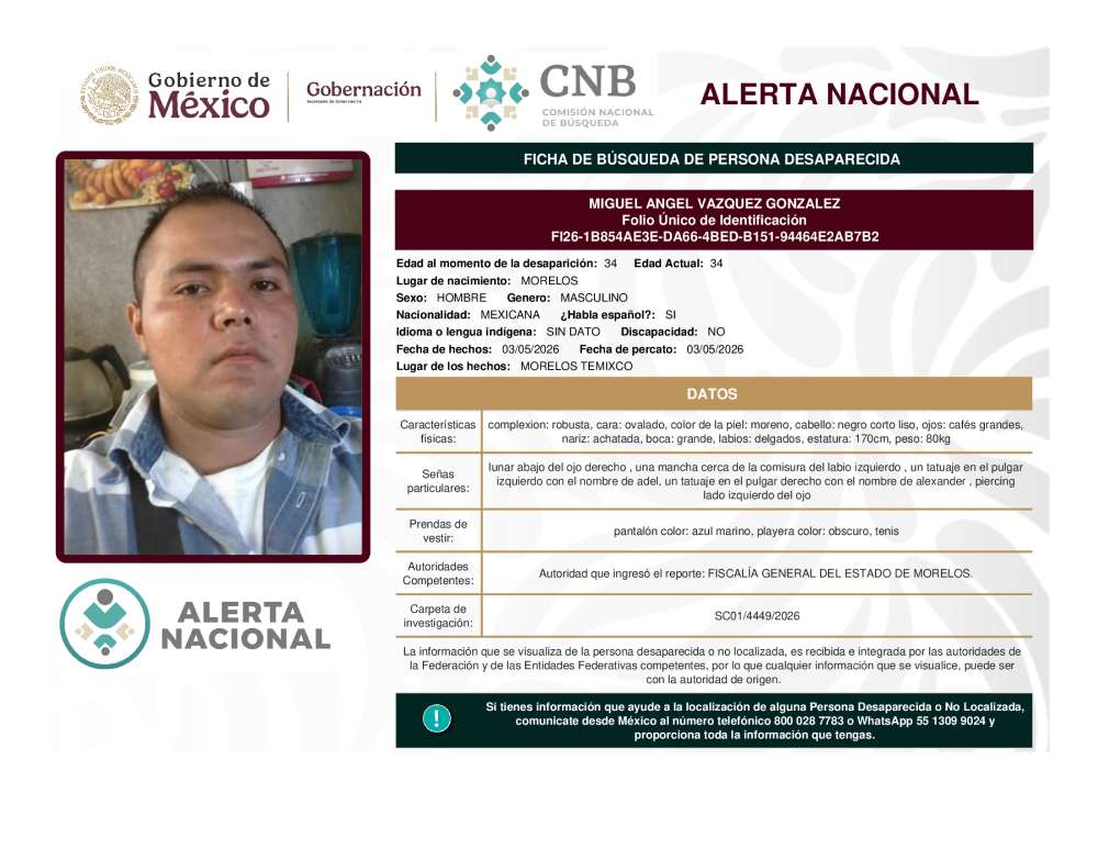 Persona desaparecida Miguel Angel Vazquez Gonzalez