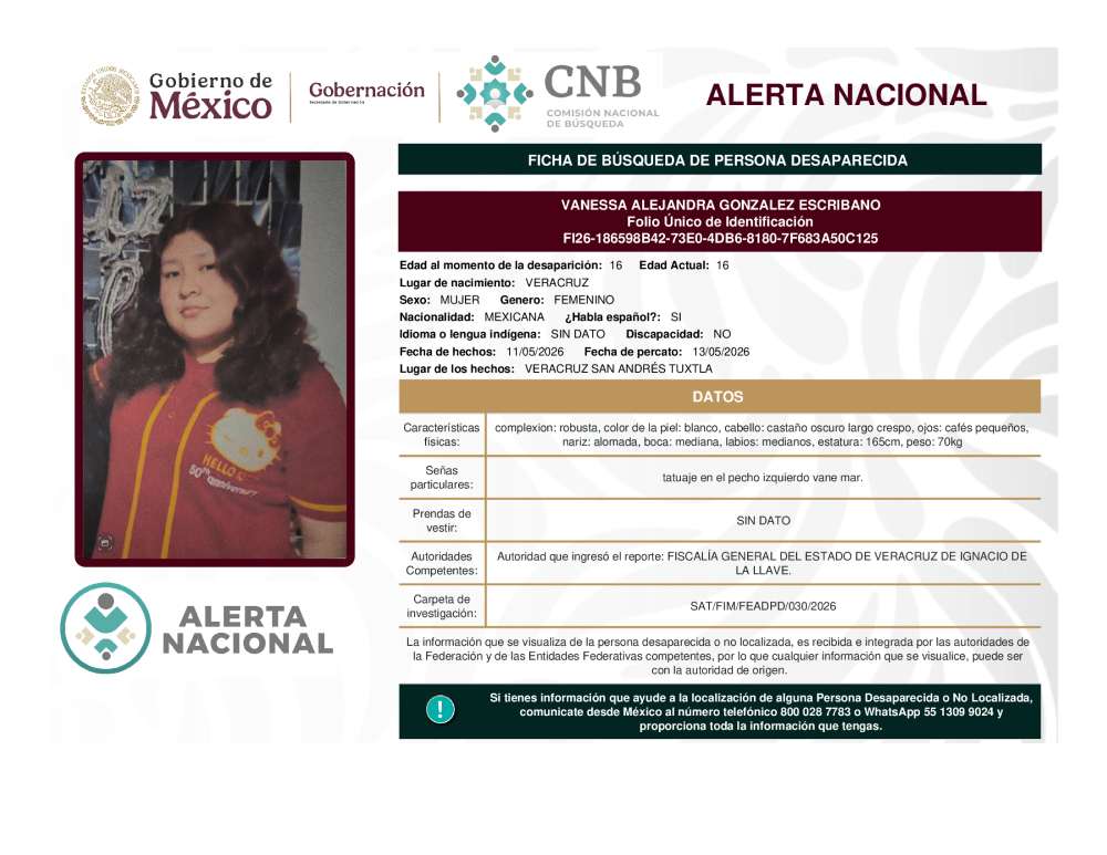 Persona desaparecida Vanessa Alejandra Gonzalez Escribano
