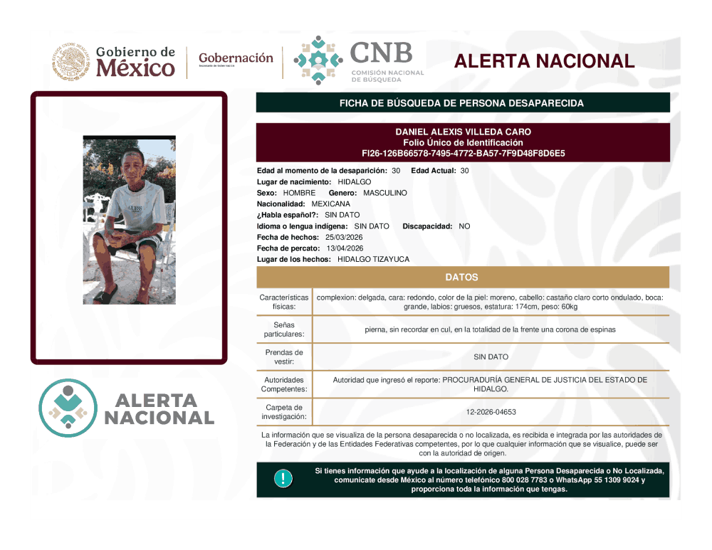 Persona desaparecida Daniel Alexis Villeda Caro