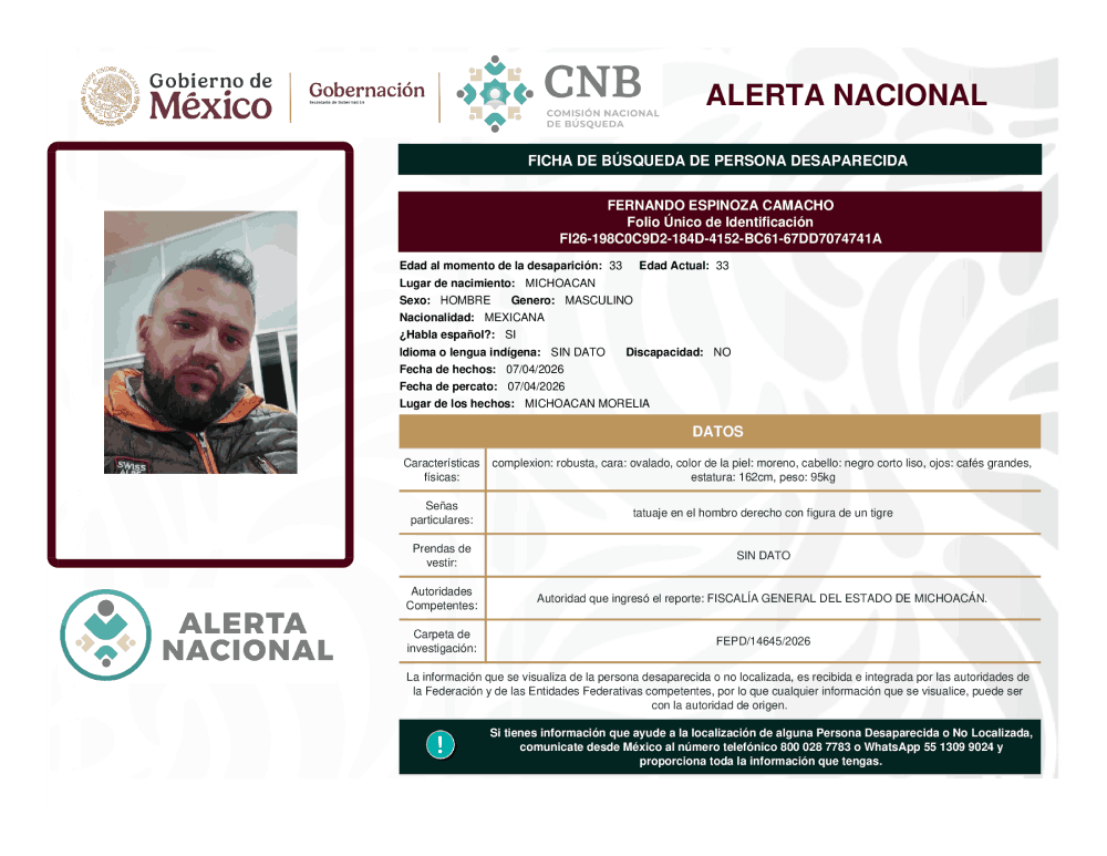 Persona desaparecida Fernando Espinoza Camacho