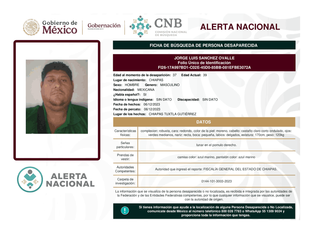 Persona desaparecida Jorge Luis Sánchez Ovalle