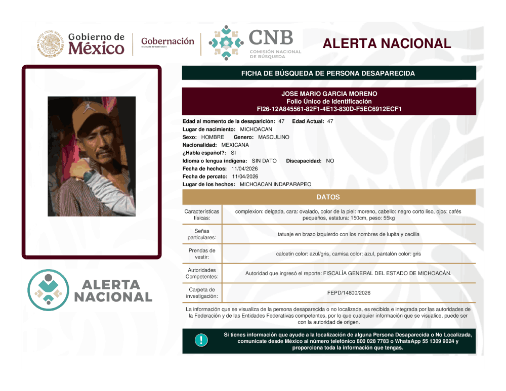 Persona desaparecida José Mario García Moreno