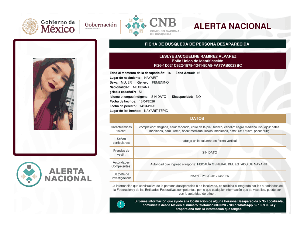 Persona desaparecida Leslye Jacqueline Ramírez Álvarez