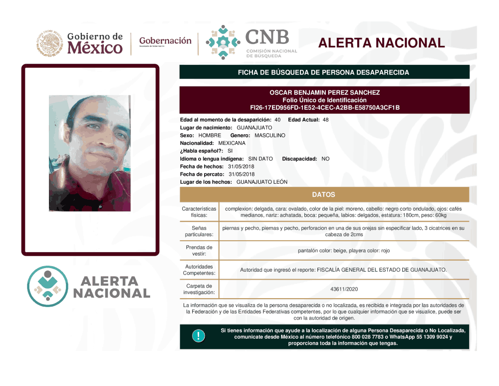 Persona desaparecida Oscar Benjamin Pérez Sánchez
