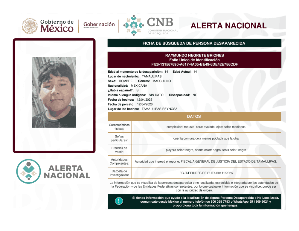Persona desaparecida Raymundo Negrete Briones