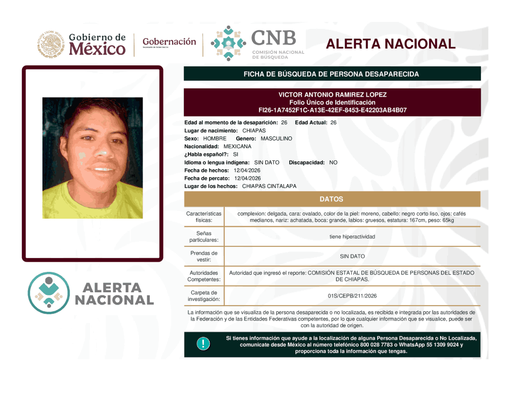 Persona desaparecida Víctor Antonio Ramírez López