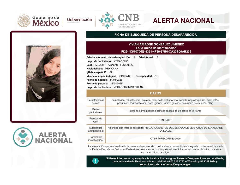 Persona desaparecida Vivian Ariadne González Jiménez
