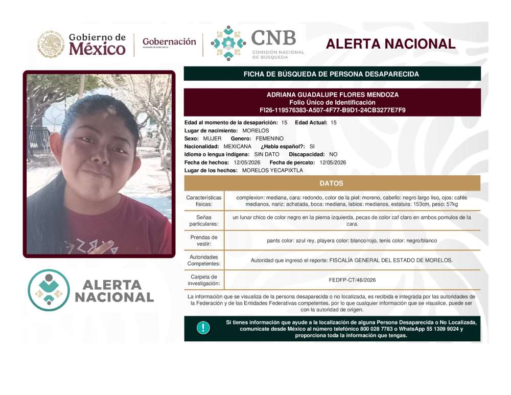 Persona desaparecida Adriana Guadalupe Flores Mendoza