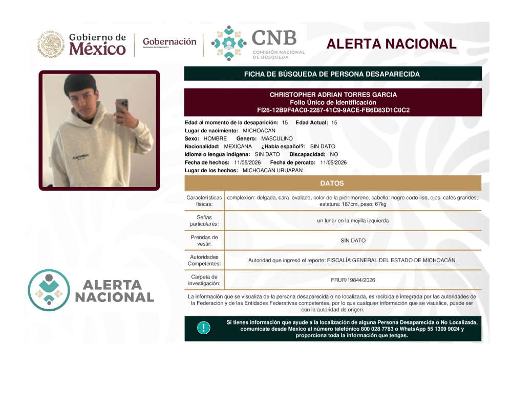 Persona desaparecida Christopher Adrian Torres Garcia