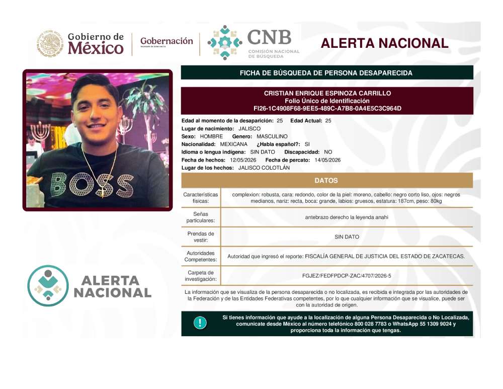 Persona desaparecida Cristian Enrique Espinoza Carrillo