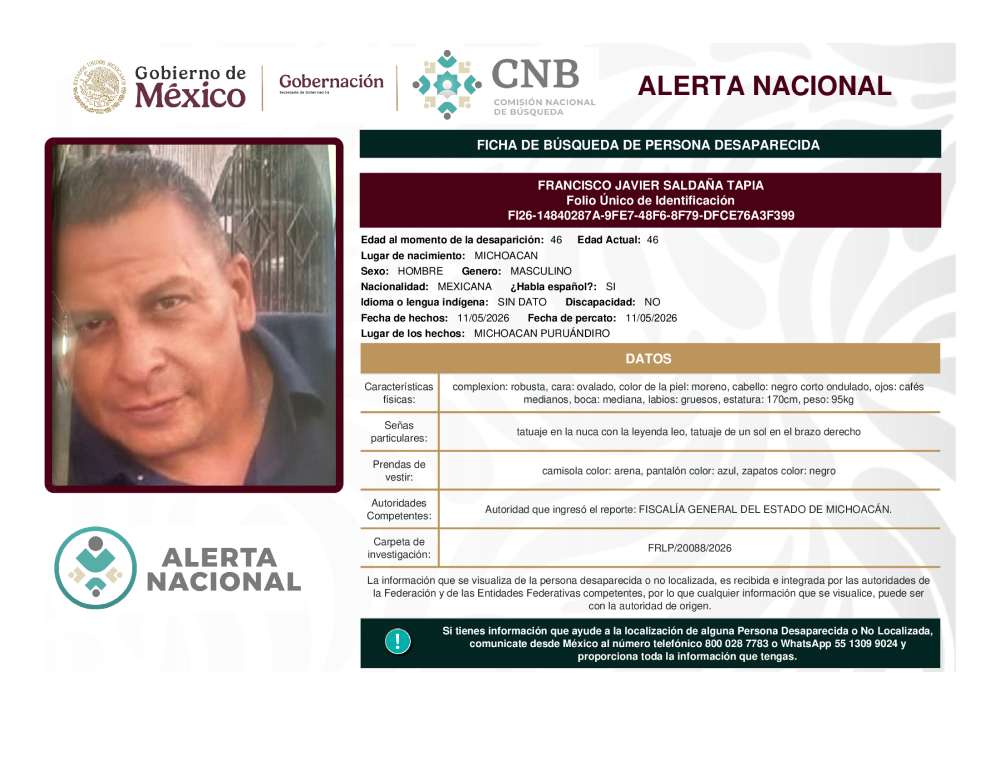Persona desaparecida Francisco Javier Saldaña Tapi