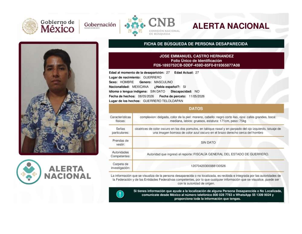 Persona desaparecida Jose Emmanuel Castro Hernandez