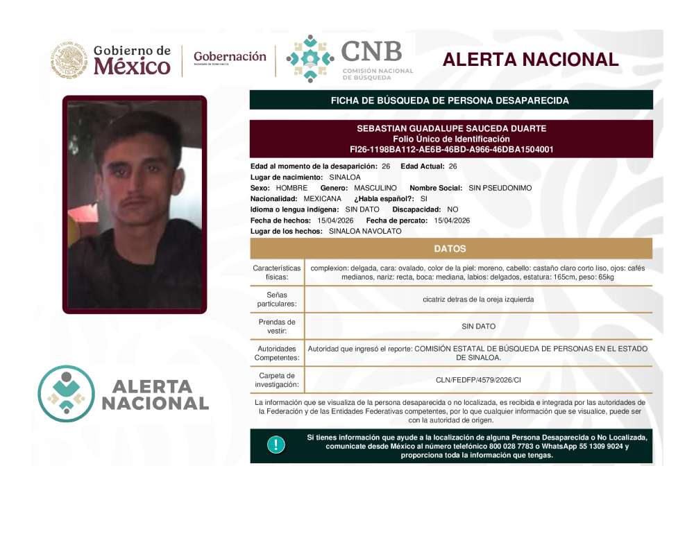 Persona desaparecida Sebastian Guadalupe Sauceda Duarte