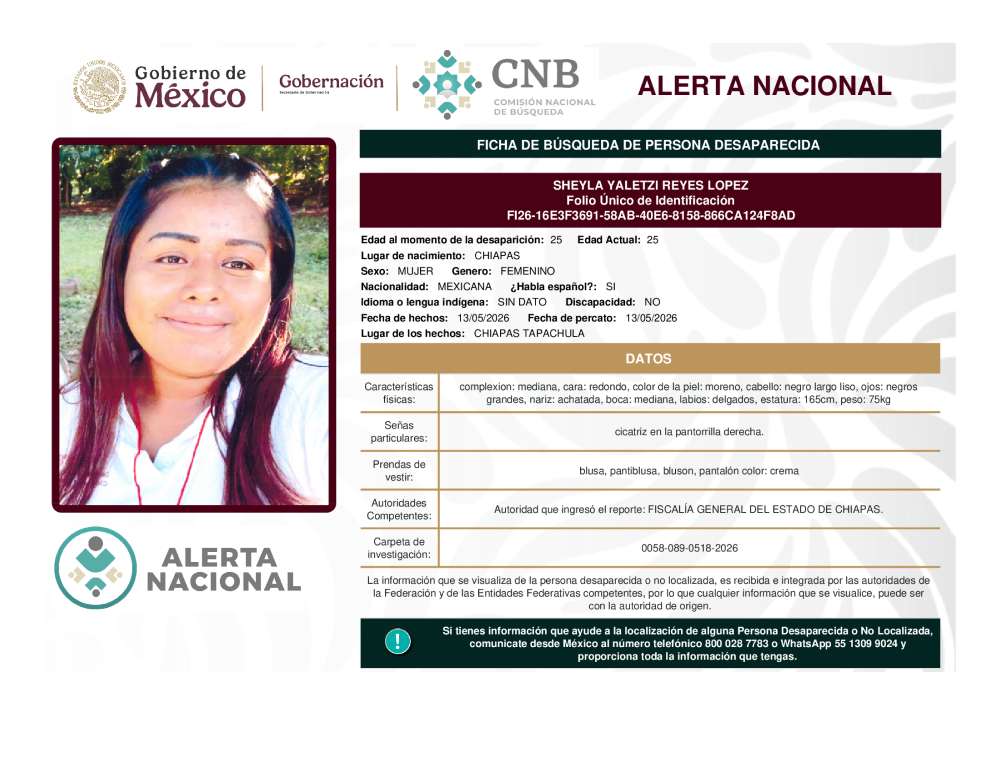 Persona desaparecida Sheyla Yaletzi Reyes Lopez