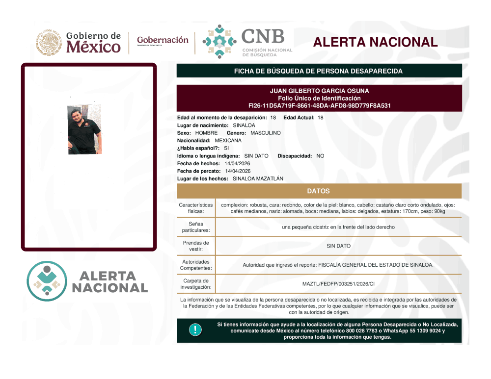Persona desaparecida Juan Gilberto Garcia Osuna