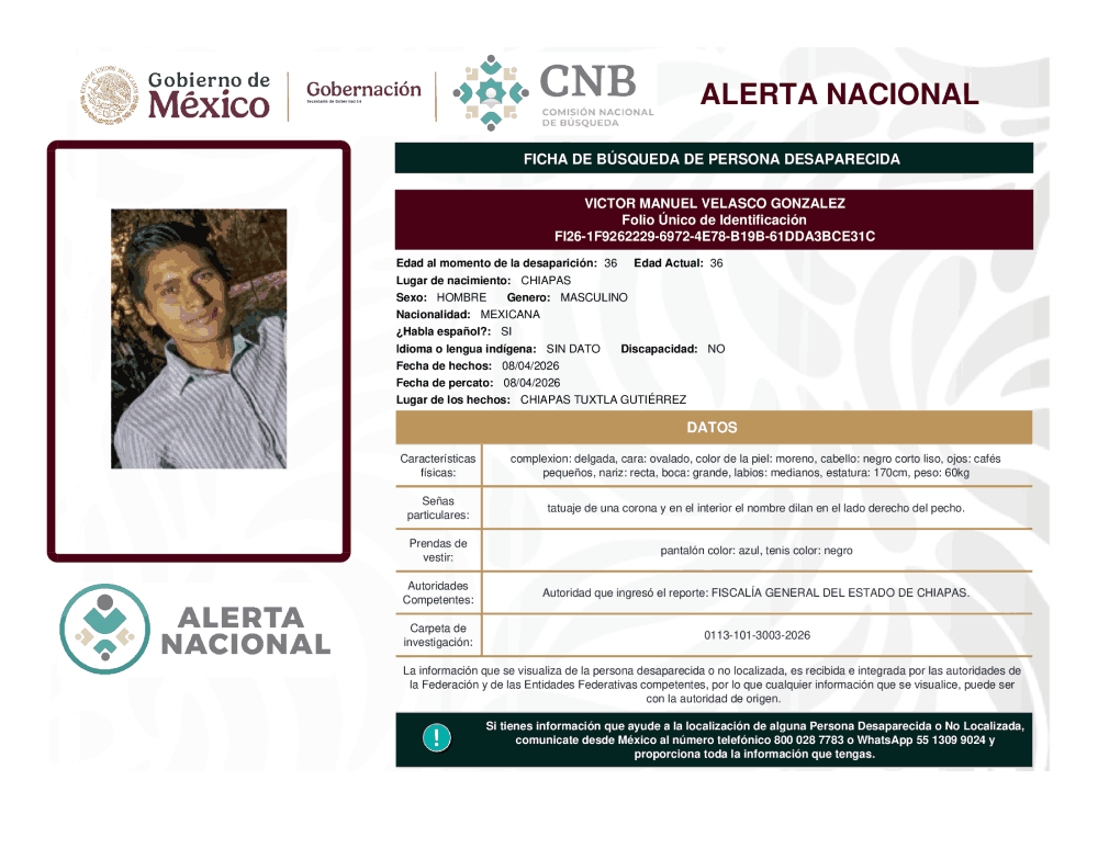 Persona desaparecida Victor Manuel Velasco Gonzalez