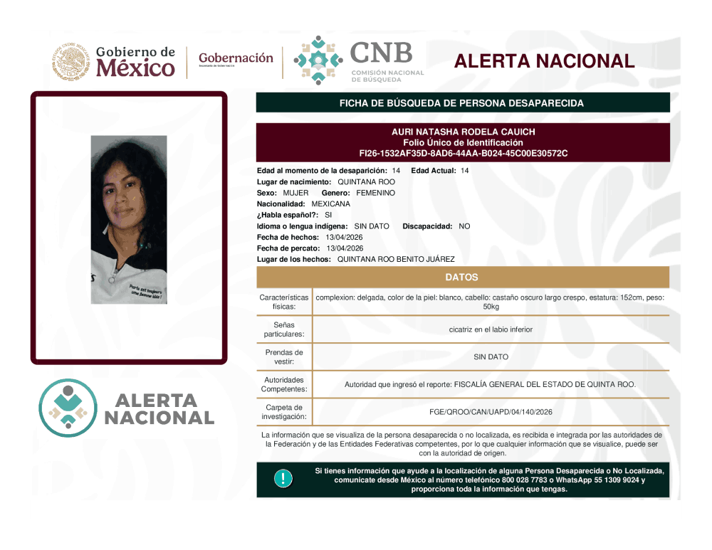 Persona desaparecida Auri Natasha Rodela Cauich